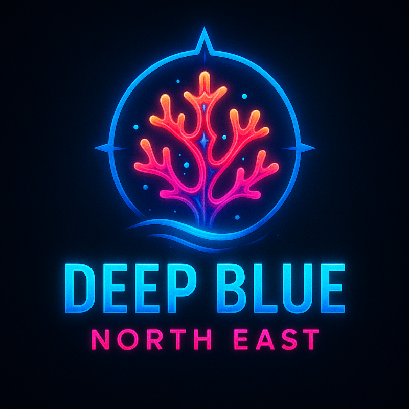 Neon sign with coral design and 'Deep Blue North East' text on a black background