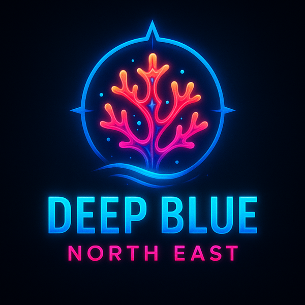 Neon sign with coral design and 'Deep Blue North East' text on a black background